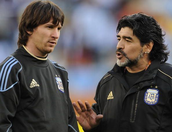 Argentina's coach Diego Maradona (R) spe
